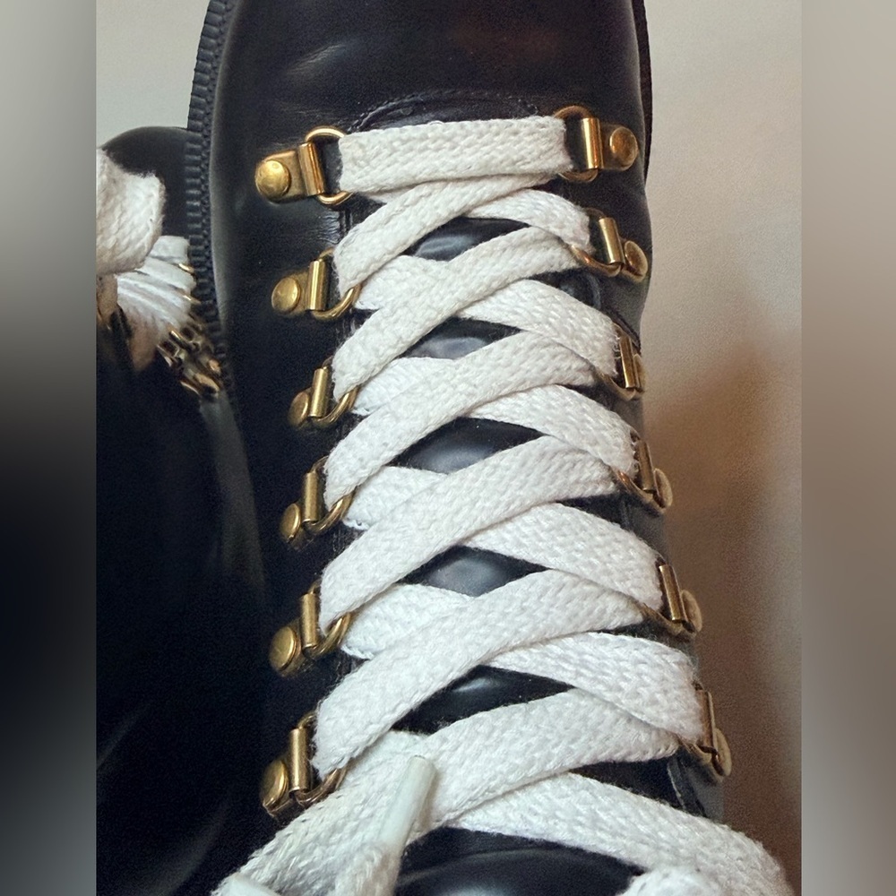 Gucci Black Leather Combat Ankle Boots | White Laces | Gold Accents | Size 7 - Picture 14 of 17